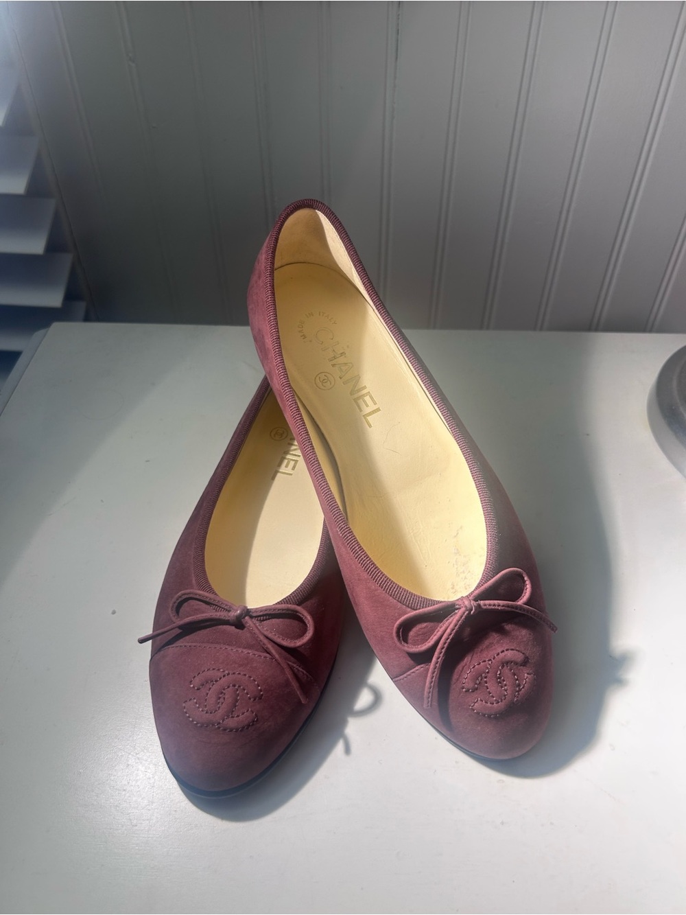CHANEL Plum Suede Bow Ballet Flats - Picture 2 of 6